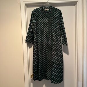 Elisa mama all cotton A line midi dress- green pattern on black. Elbow sleeves.